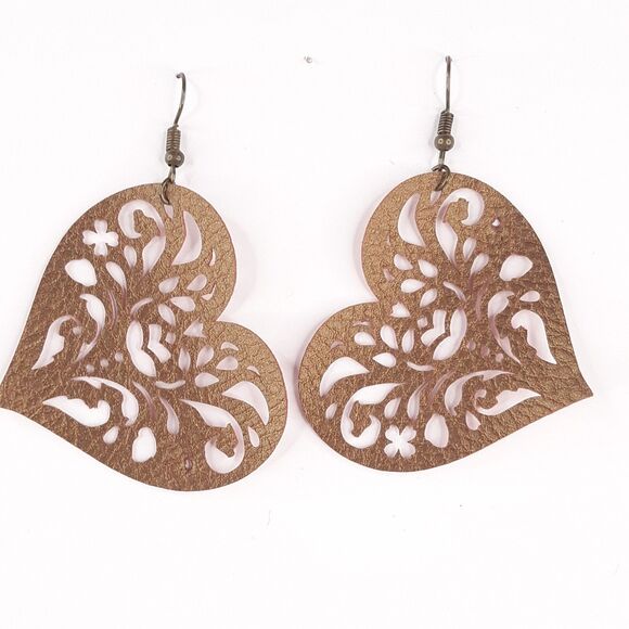 Earrings Large Leather 2 Sided Western Heart Suede Gold/Metallic Vintage Y2K - Picture 2 of 6